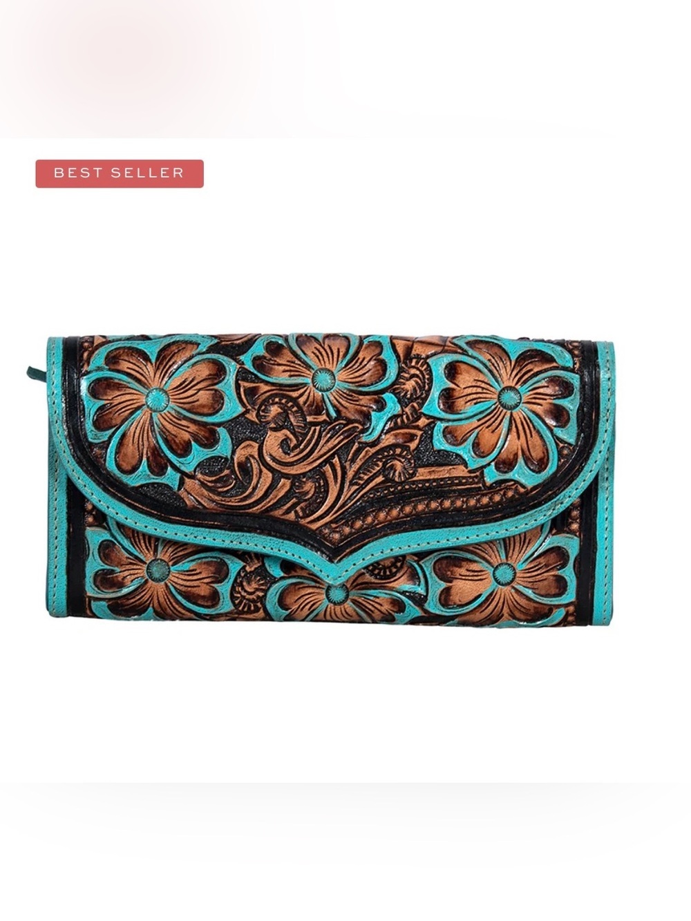 Myra Flower Crest Tooled Leather Wallet Floral Embossed With Turquose Accents - Picture 2 of 10